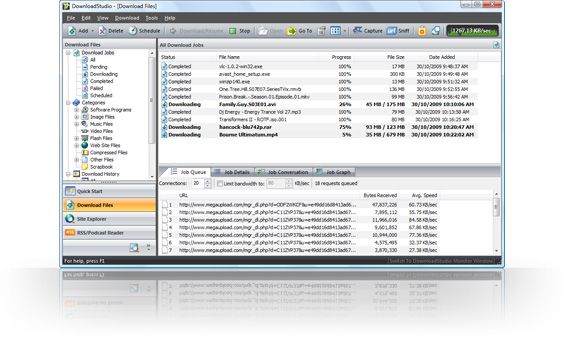DownloadStudio. Award-winning download manager. Download Window.  Allows you to create as many downloads as you like. Downloads are automatically queued and managed. Easy-to-read, detailed information is displayed about all downloads.