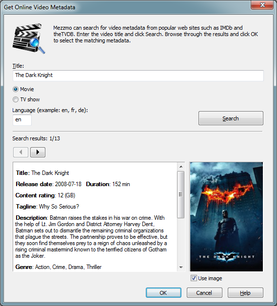 Get Online Video Metadata dialog lets you retrieve movie and TV show artwork and text metadata from online web sites