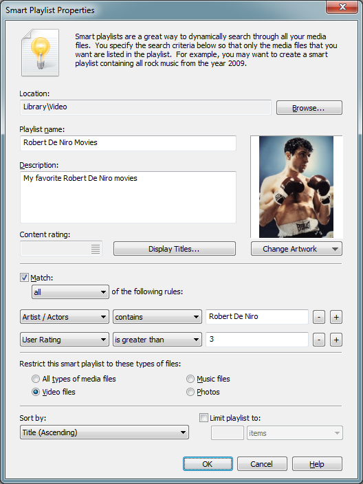 Smart Playlist dialog lets you create playlists based on attributes of your media files
